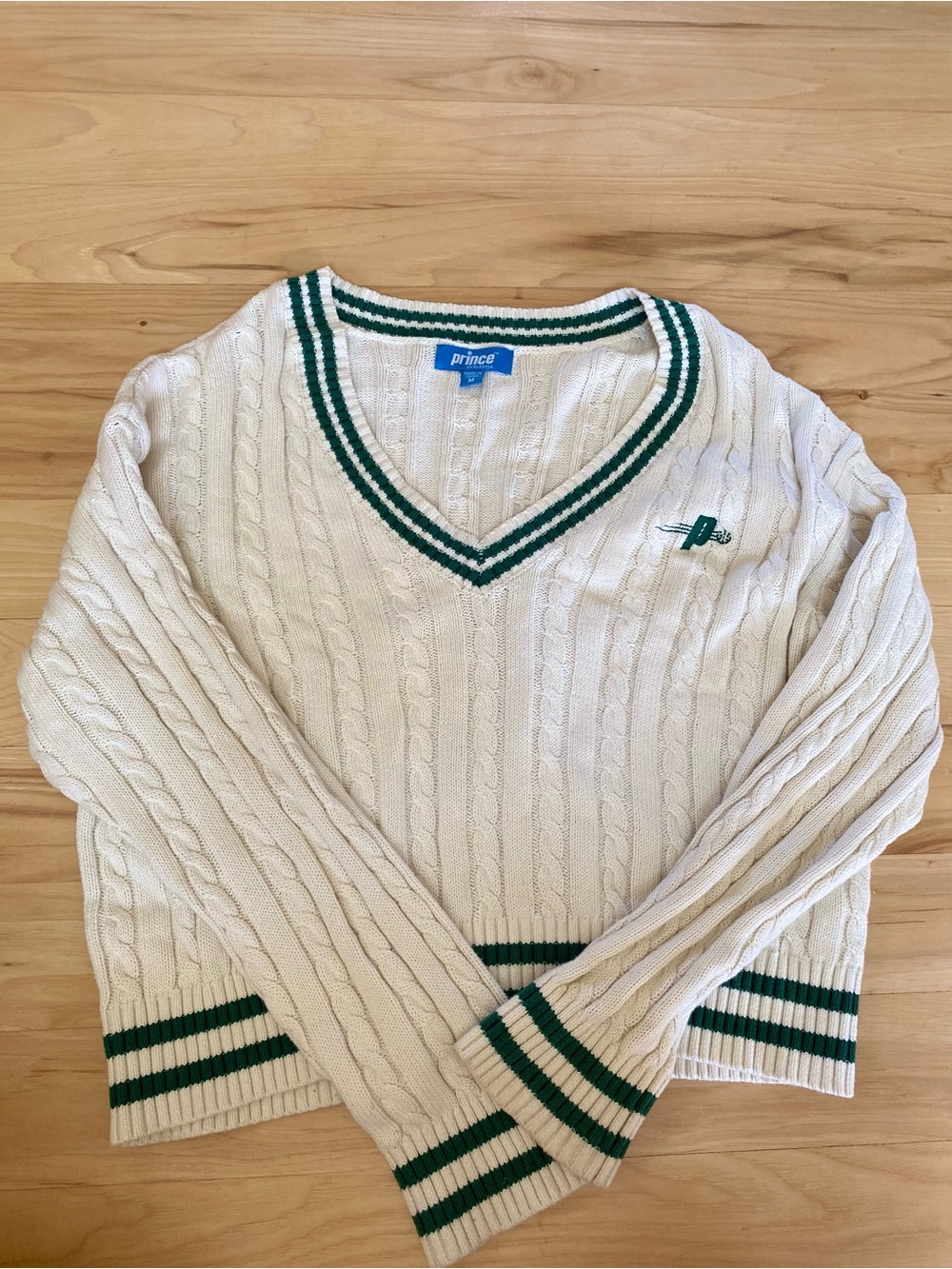 Prince Pickleball Sweater Cotton Medium Cream & Green V-Neck Cableknit Sweater